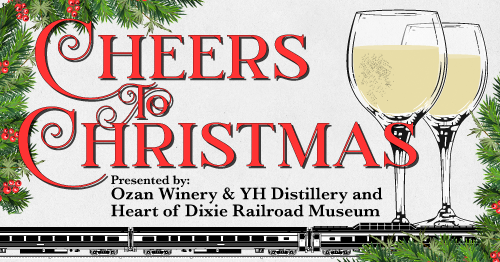 Graphic with wine glasses, garland, passenger rail